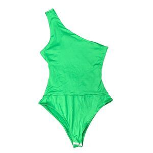 Miss Lola Ava Bodysuit Womens Large Green Asymmetrical One Shoulder Brushed Knit